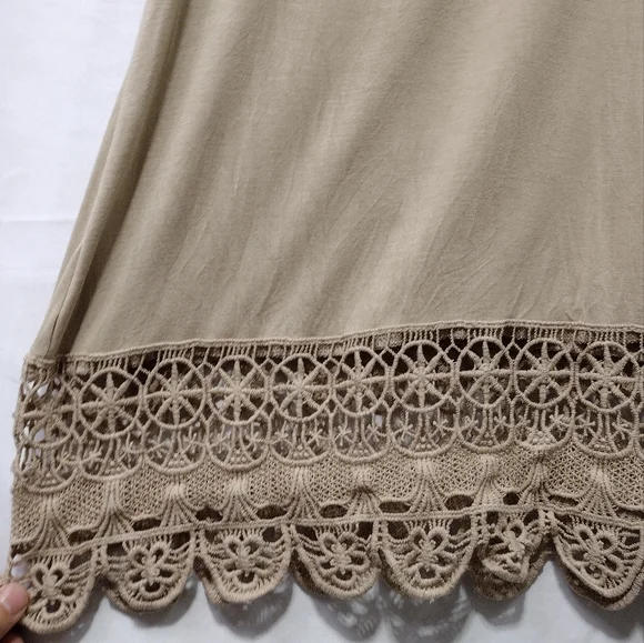 Top Stitch Sleep Dress Women's L Tan Jersey Knit Soft Comfy Lace Crochet Travel - Picture 3 of 6